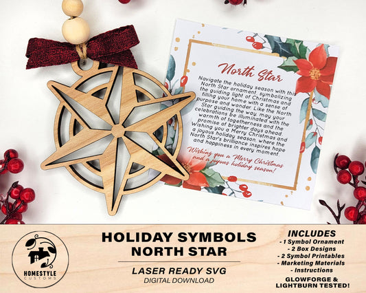 North Star Holiday Symbol - 1 Symbol Ornament - 2 Prints - 2 Box Designs - SVG, PDF, AI File Download - Glowforge and Lightburn