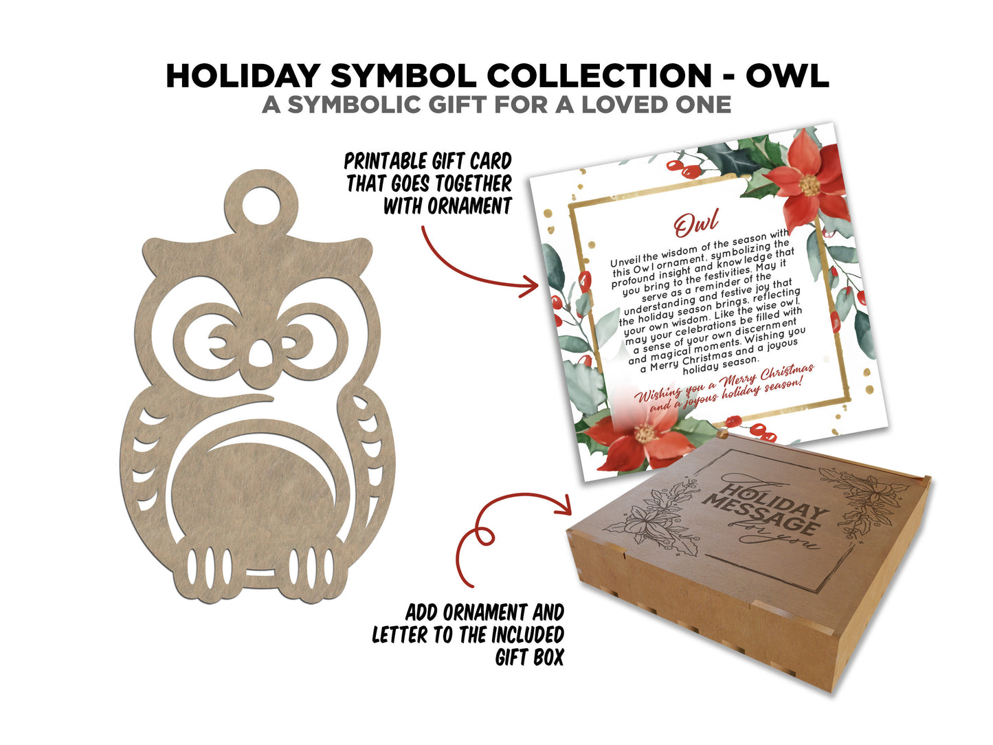 Owl Holiday Symbol - 1 Symbol Ornament - 2 Prints - 2 Box Designs - SVG, PDF, AI File Download - Glowforge and Lightburn