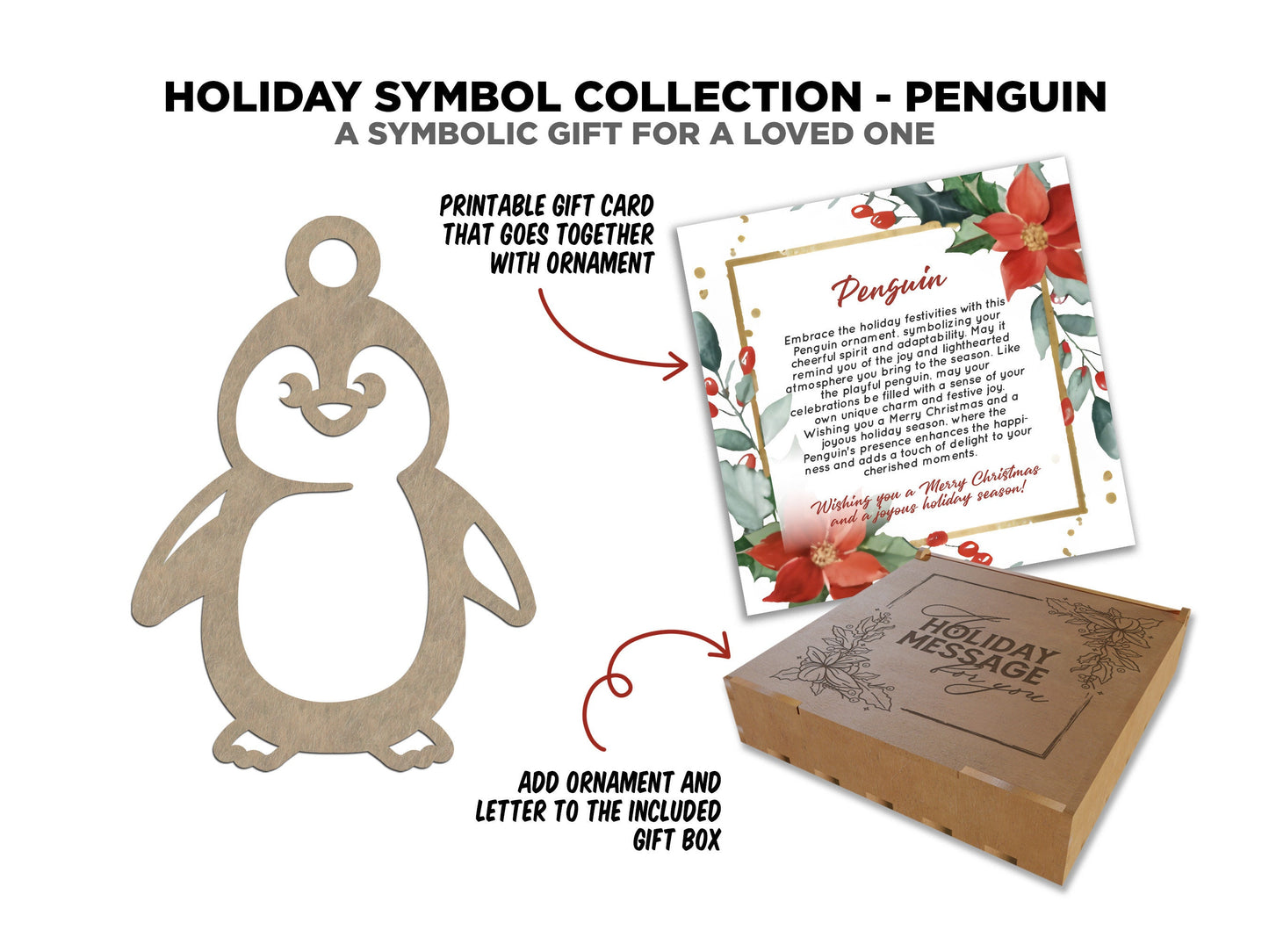 Penguin Holiday Symbol - 1 Symbol Ornament - 2 Prints - 2 Box Designs - SVG, PDF, AI File Download - Glowforge and Lightburn