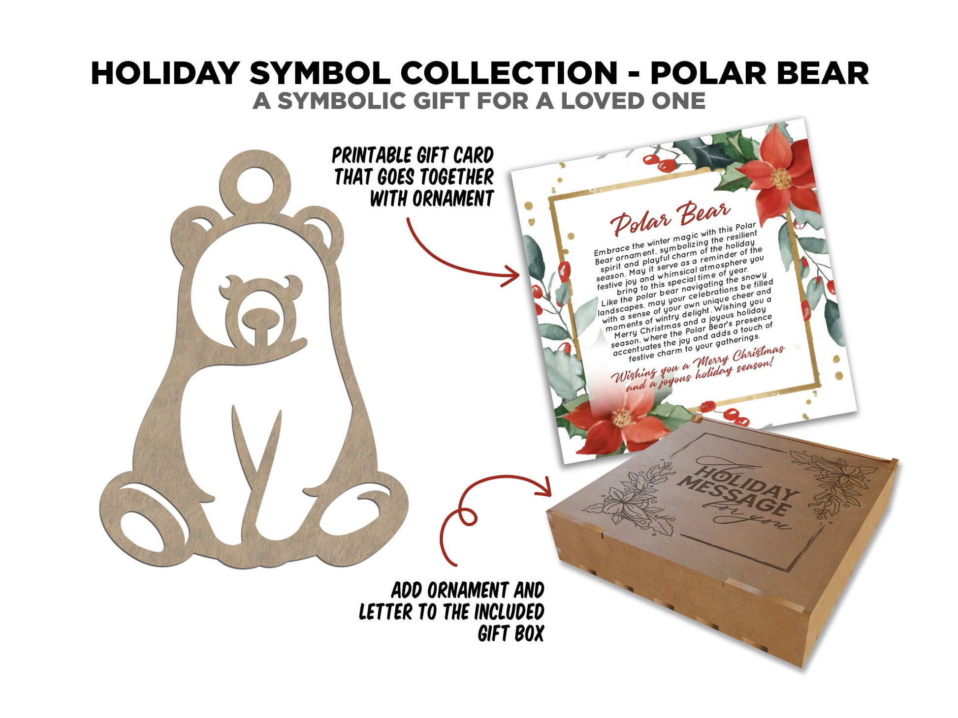 Polar Bear Holiday Symbol - 1 Symbol Ornament - 2 Prints - 2 Box Designs - SVG, PDF, AI File Download - Glowforge and Lightburn