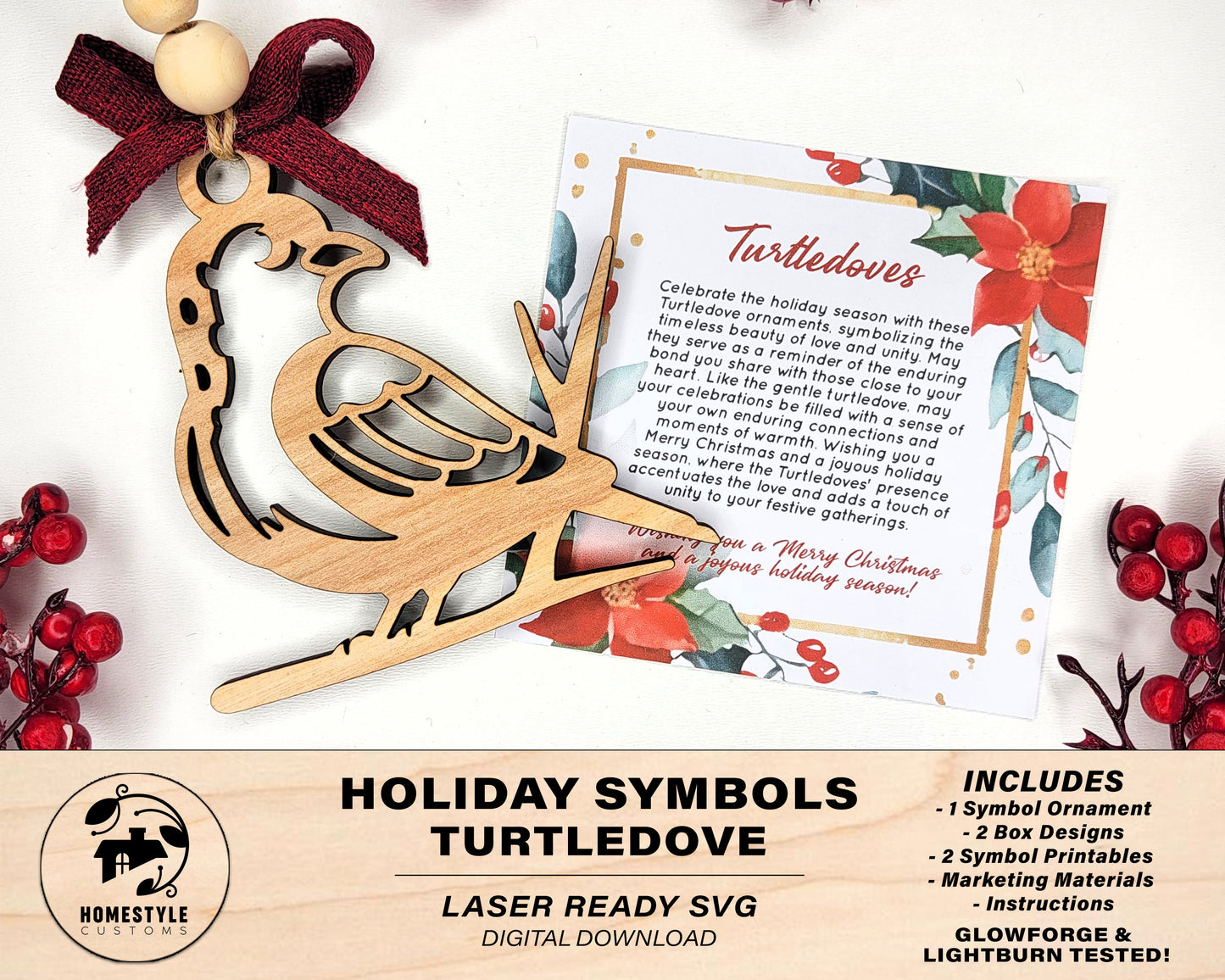 Turtledove Holiday Symbol - 1 Symbol Ornament - 2 Prints - 2 Box Designs - SVG, PDF, AI File Download - Glowforge and Lightburn