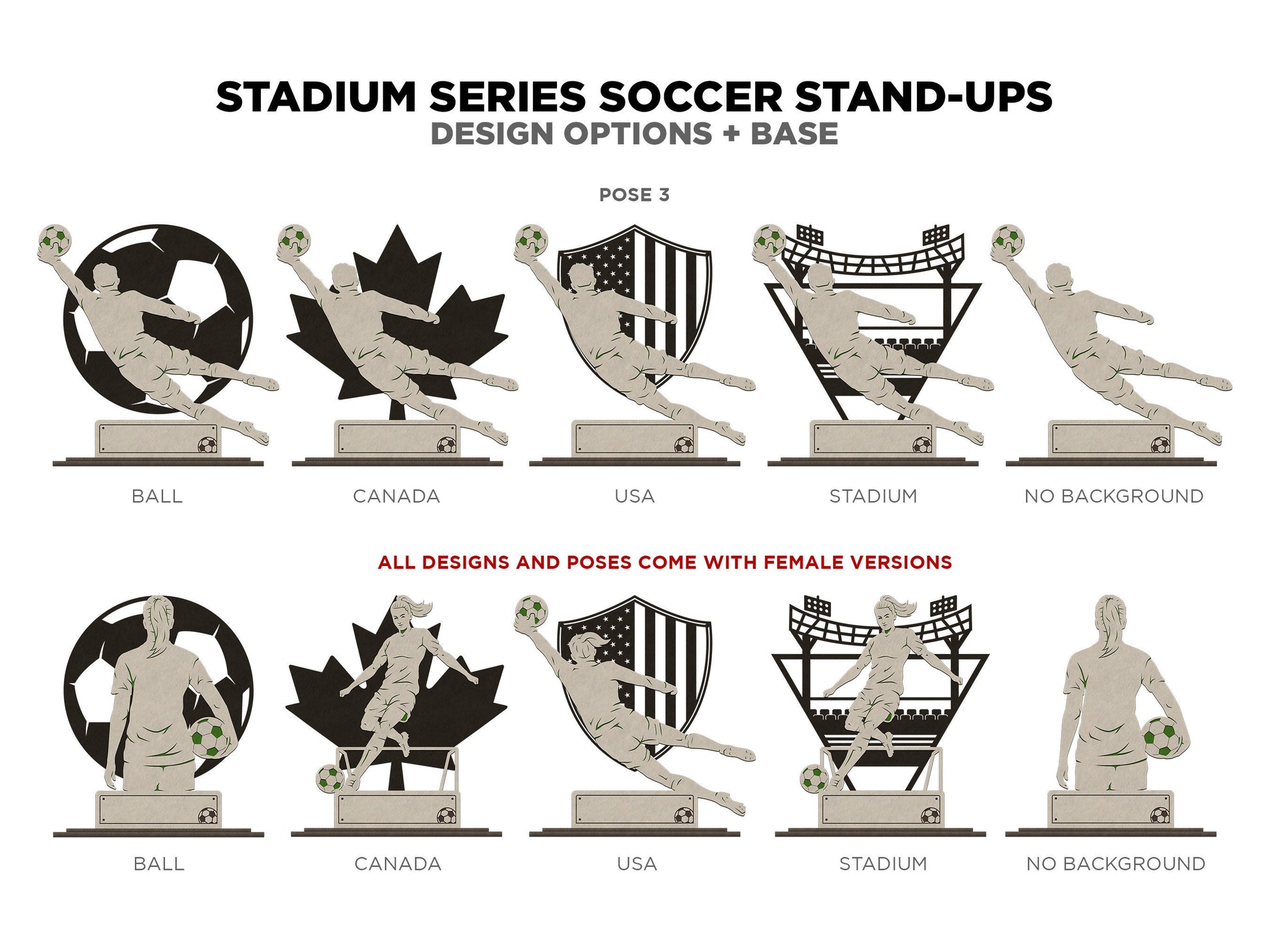 Stadium Series Stand Ups - Soccer - 3 poses in 2 cut formats and 1 engrave option with Male and Female - Tested on Glowforge & Lightburn