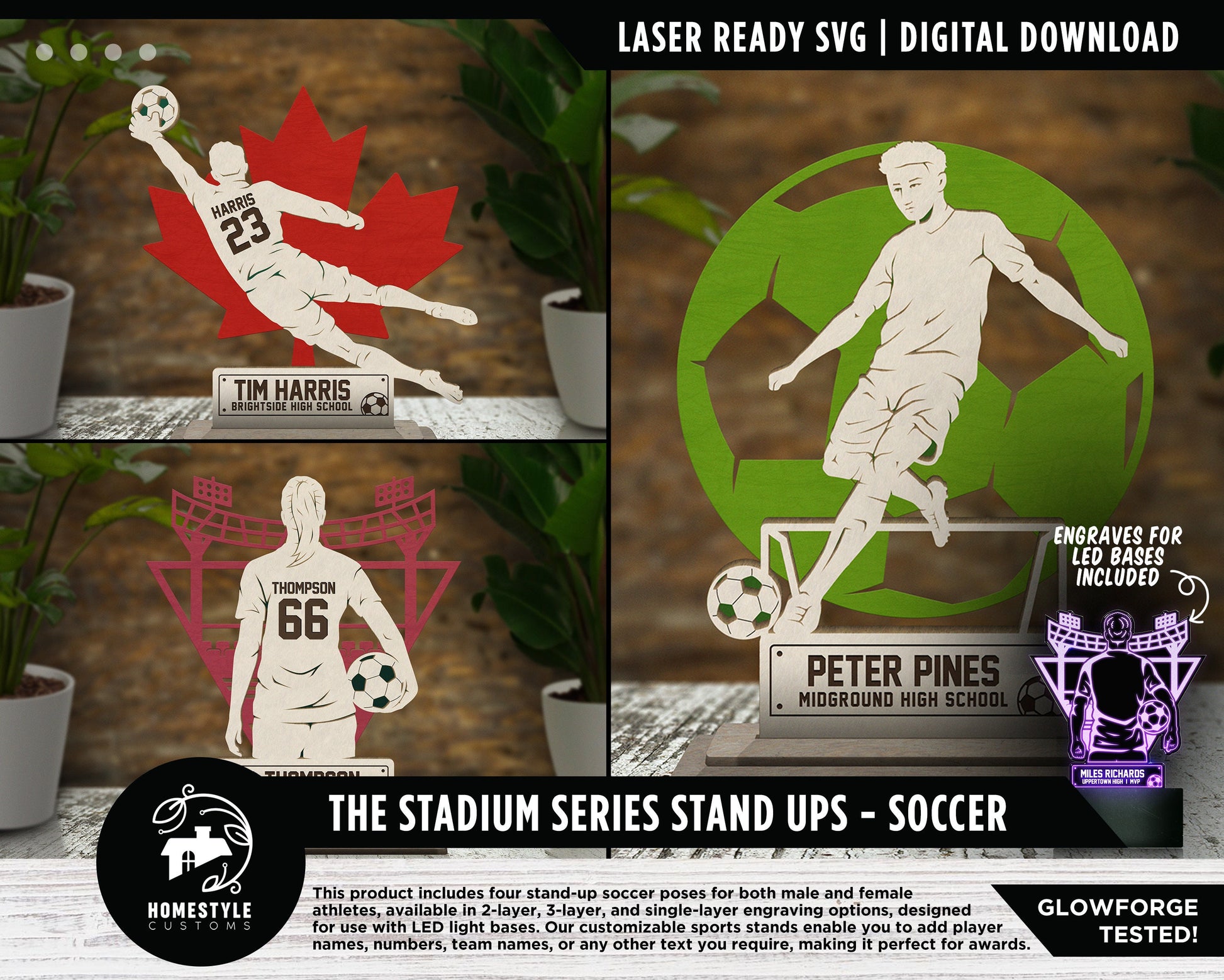 Stadium Series Stand Ups - Soccer - 3 poses in 2 cut formats and 1 engrave option with Male and Female - Tested on Glowforge & Lightburn