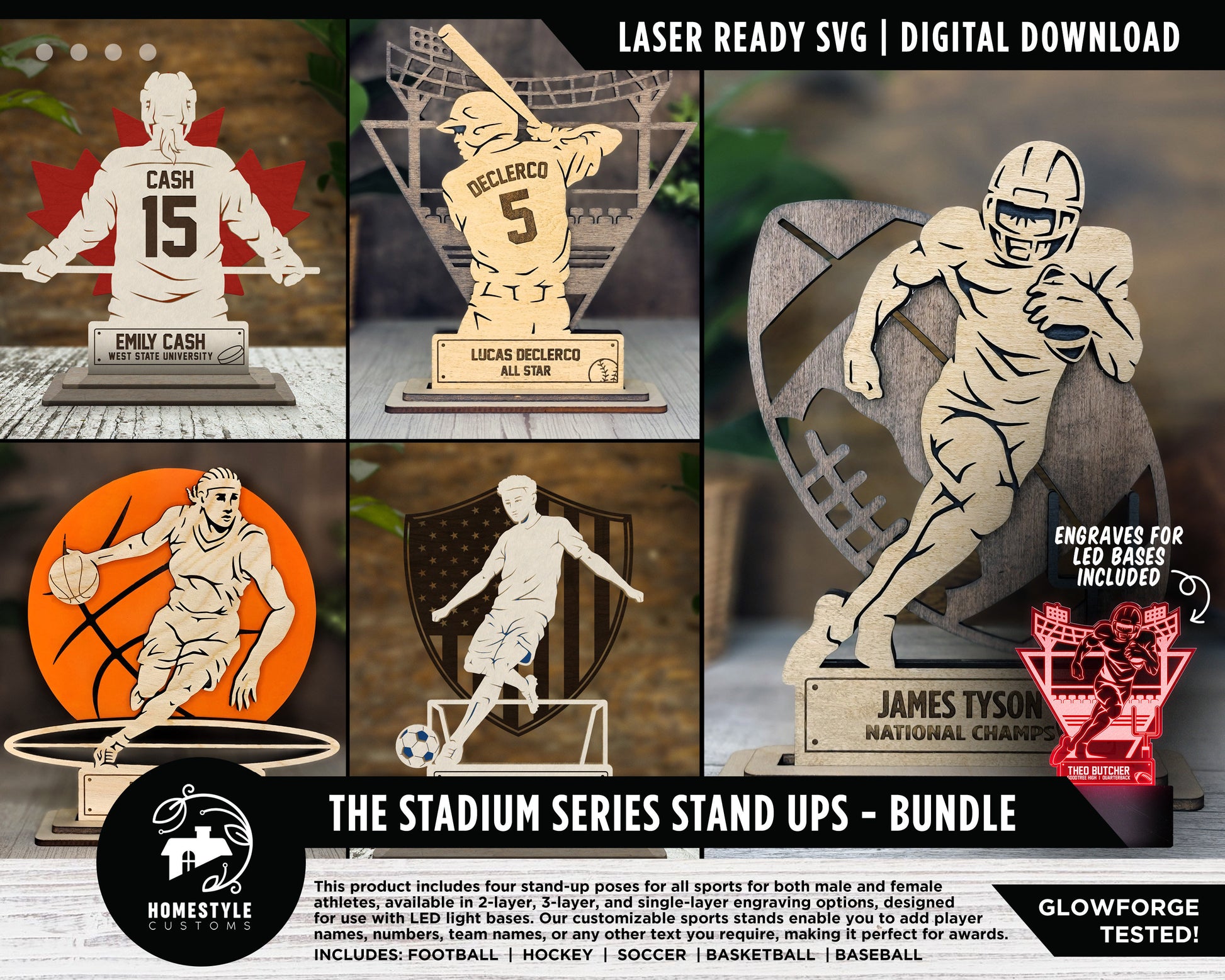 Stadium Series Stand Ups Bundle - Includes Football, Basketball, Soccer, Baseball Hockey - Male and Female - Tested on Glowforge & Lightburn