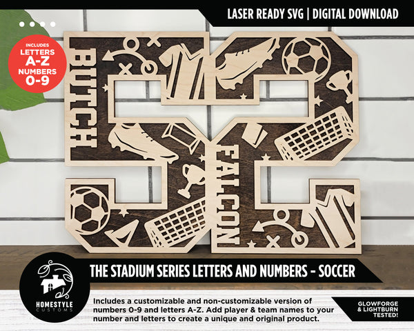 Stadium Series Letters and Numbers - Soccer - Customizable and Non Customizable options included - Tested on Glowforge & Lightburn