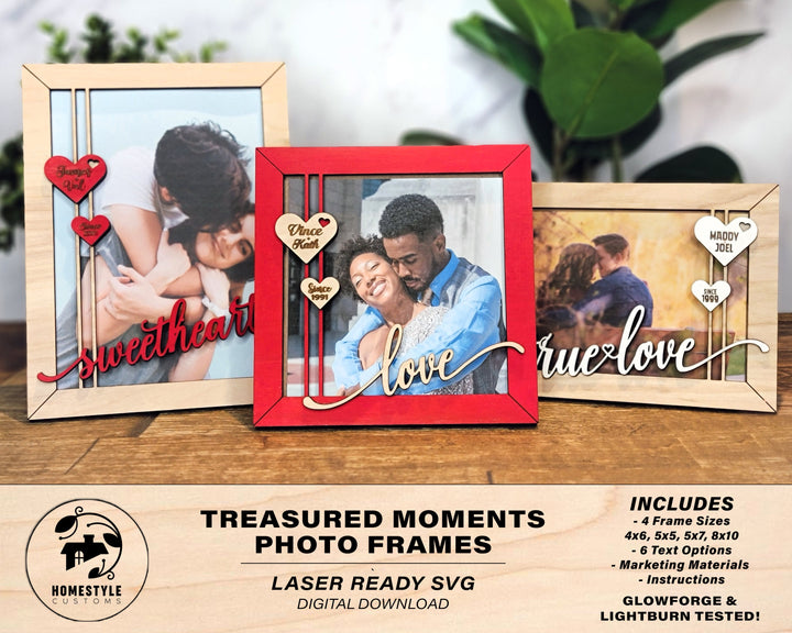 Treasured Moments Photo Frames - Includes Frame Sizes 4x6, 5x5, 5x7, 8x10 - 6 text options - Tested on Glowforge & Lightburn
