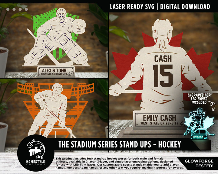 Stadium Series Stand Ups - Hockey - 3 poses in 2 cut formats and 1 engrave option with Male and Female - Tested on Glowforge & Lightburn