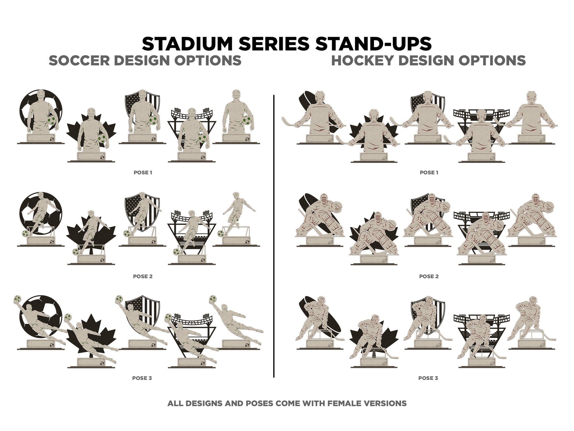 Stadium Series Stand Ups Bundle - Includes Football, Basketball, Soccer, Baseball Hockey - Male and Female - Tested on Glowforge & Lightburn