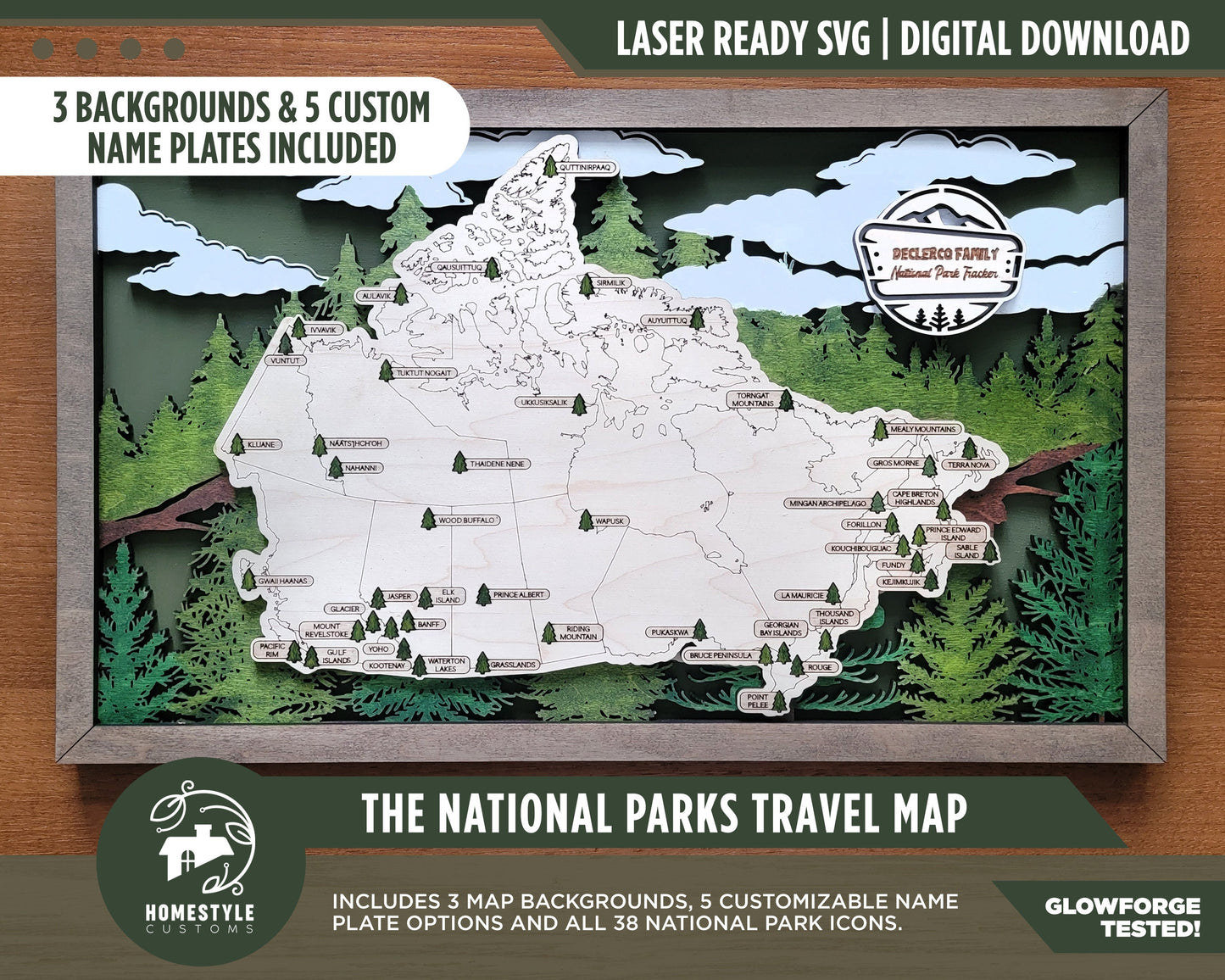 The Canadian National Parks Travel Map - 3 Backgrounds & 5 Customizable Name Plates - SVG, PDF, AI Files - Lightburn and Glowforge Tested