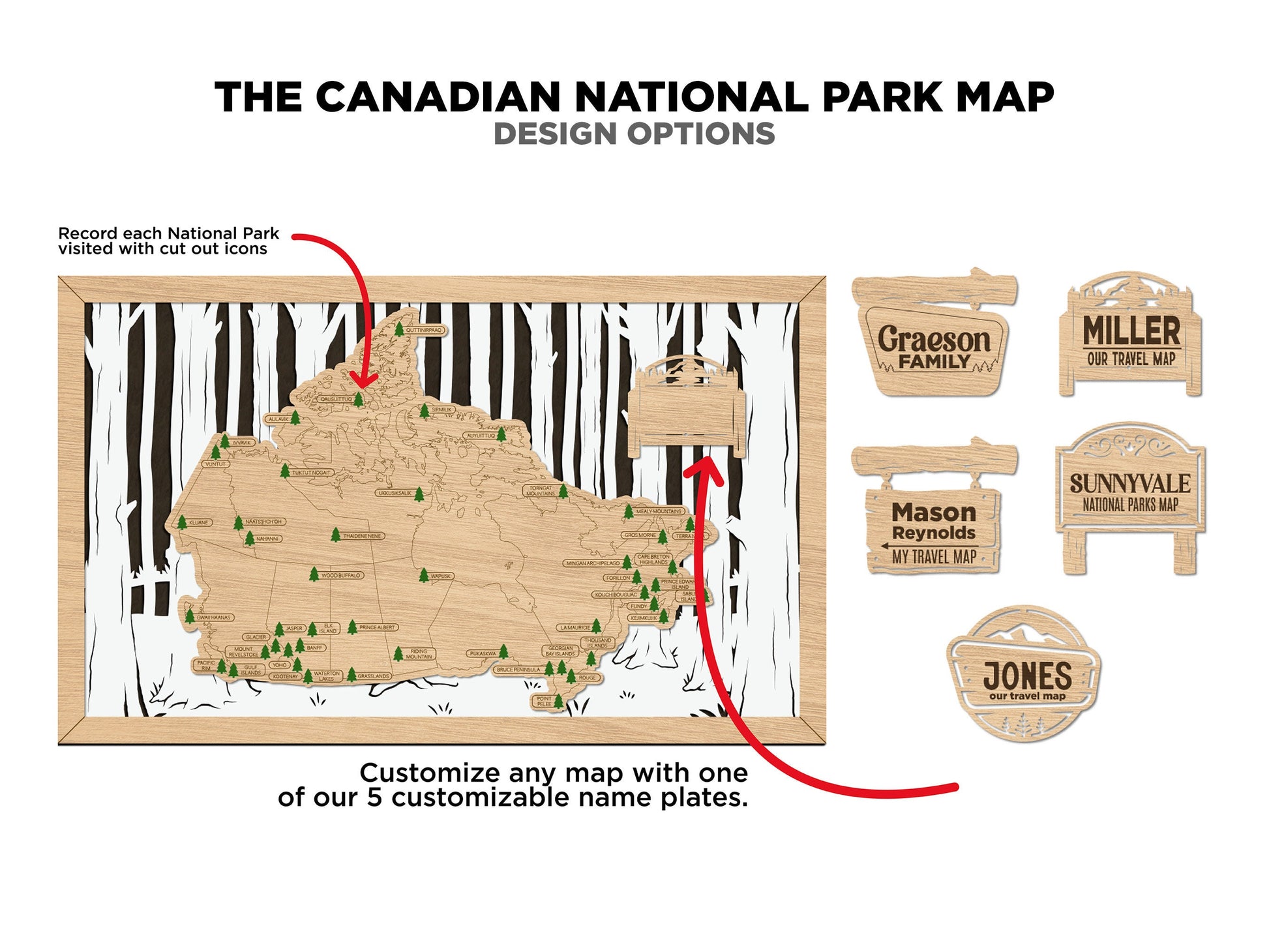 The Canadian National Parks Travel Map - 3 Backgrounds & 5 Customizable Name Plates - SVG, PDF, AI Files - Lightburn and Glowforge Tested