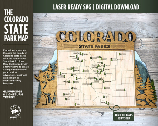The Colorado State Park Map - Custom and Non Customizable Options - SVG, PDF File Download - Tested in Lightburn and Glowforge