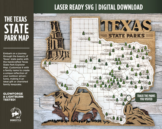 The Texas State Park Map - Custom and Non Customizable Options - SVG, PDF File Download - Tested in Lightburn and Glowforge