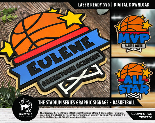 Stadium Series Graphic Signage - Basketball - 10 Custom and Non Custom Design options - SVG, PDF, AI Files - Tested on Glowforge & Lightburn