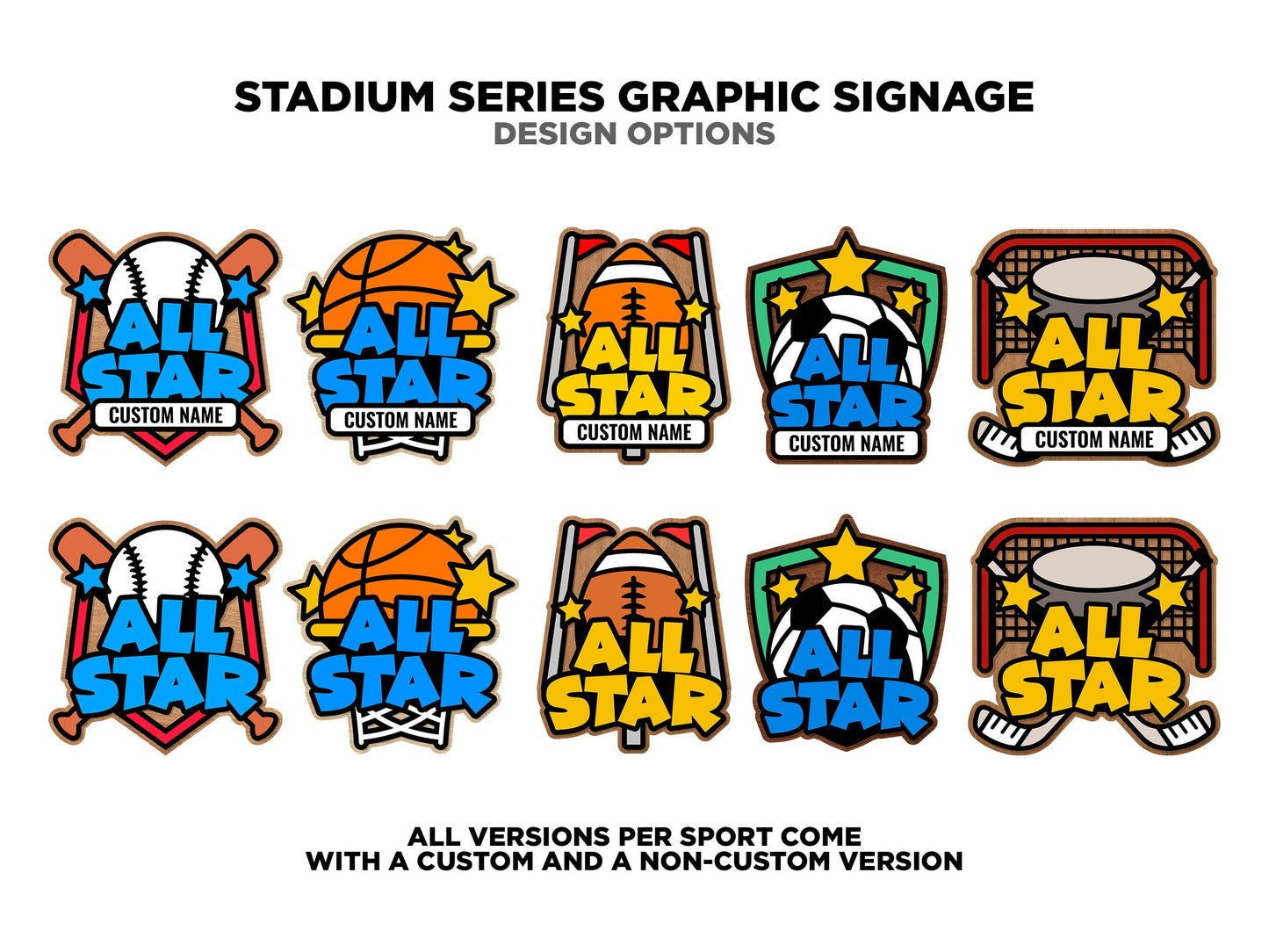 Stadium Series Graphic Signage - 5 Sport Bundle -Over 50 Custom and Non Custom Design options - SVG, PDF, AI - Glowforge & Lightburn Tested
