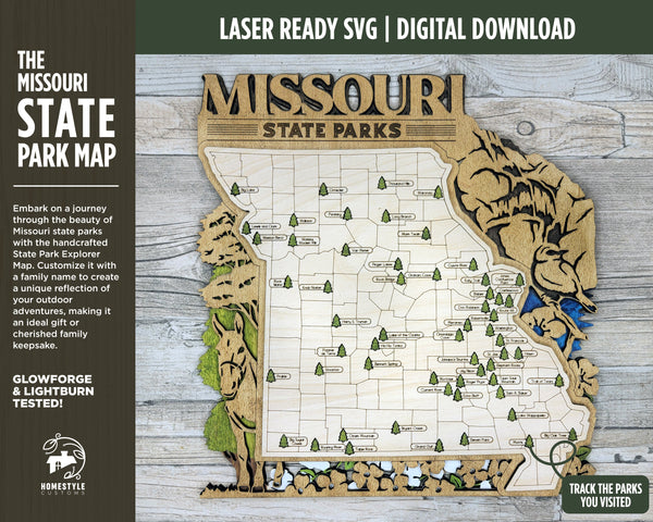 The Missouri State Park Map - Custom and Non Customizable Options - SVG, PDF File Download - Tested in Lightburn and Glowforge