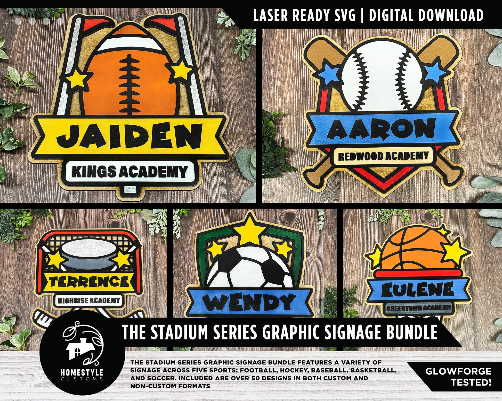 Stadium Series Graphic Signage - 5 Sport Bundle -Over 50 Custom and Non Custom Design options - SVG, PDF, AI - Glowforge & Lightburn Tested