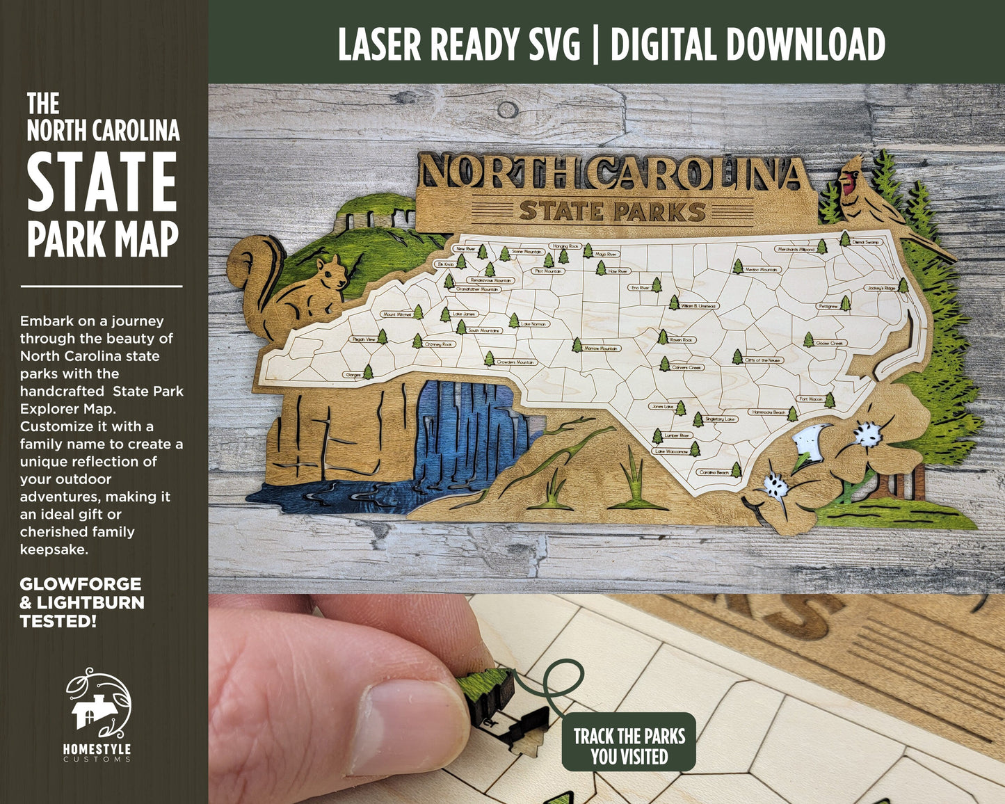 The North Carolina State Park Map - Custom and Non Customizable Options - SVG, PDF File Download - Tested in Lightburn and Glowforge